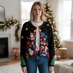 Vintage Novelty Embroidered Christmas Holiday Cardigan Sweater Large Emma Tricot